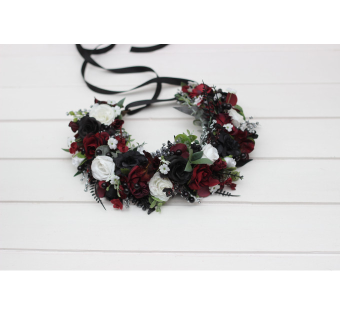 Gothic Flower Crown – Burgundy, Black, White & Silver Faux Floral Hair Wreath for Bride or Flower Girl