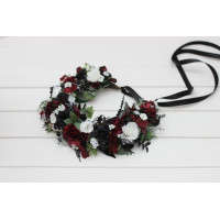 Gothic flower crown. Burgundy black green white silver hair wreath. Flower girl crown. Wedding flowers. 5211