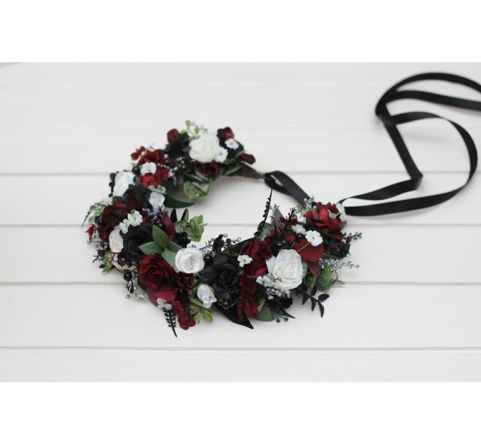 Gothic Flower Crown – Burgundy, Black, White & Silver Faux Floral Hair Wreath for Bride or Flower Girl