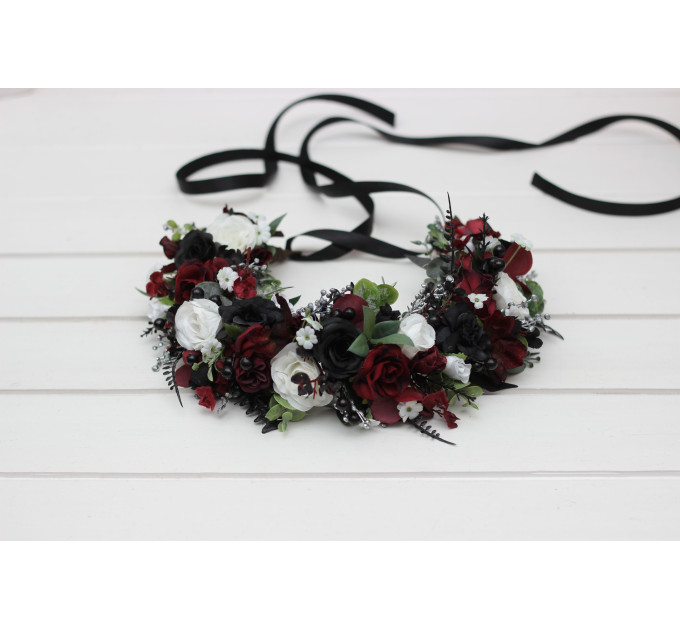Gothic Flower Crown – Burgundy, Black, White & Silver Faux Floral Hair Wreath for Bride or Flower Girl