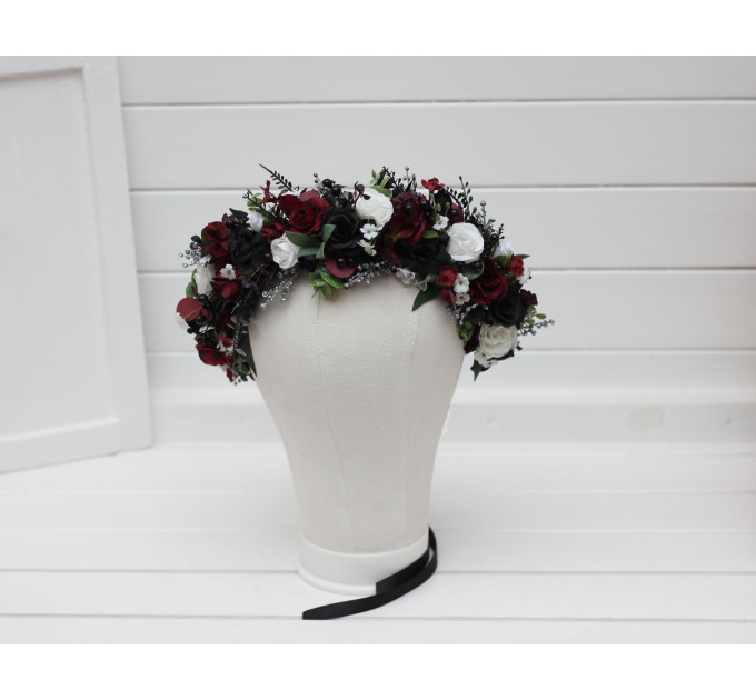 Gothic Flower Crown – Burgundy, Black, White & Silver Faux Floral Hair Wreath for Bride or Flower Girl