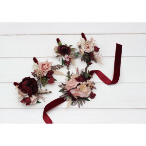  Wedding boutonnieres and wrist corsage  in burgundy blush pink color scheme. Flower accessories. 5257