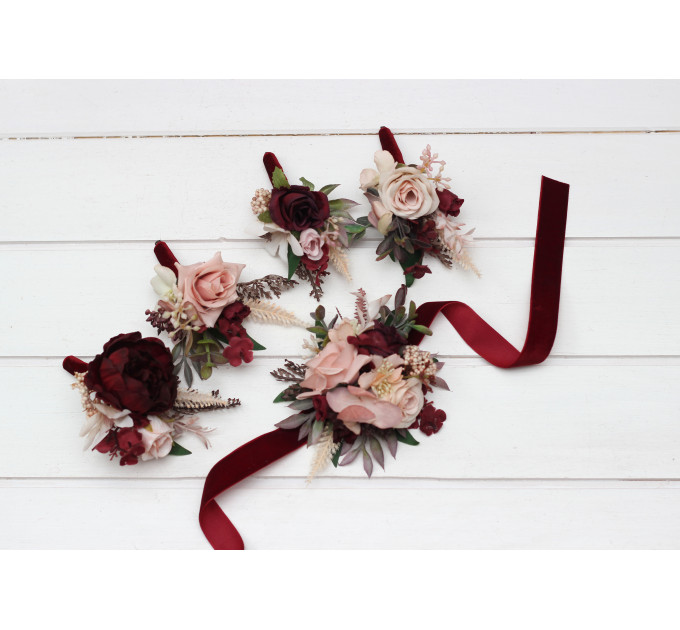 Burgundy & Blush Pink Wedding Boutonnieres & Wrist Corsages – Faux Floral Accessories