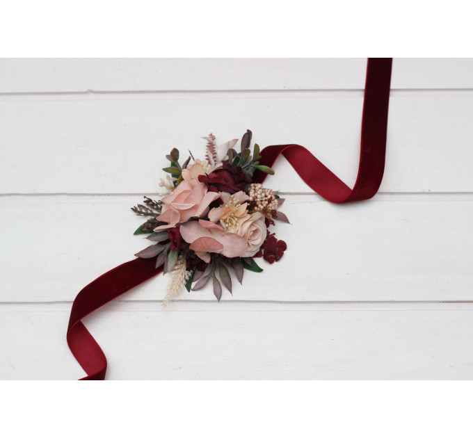 Burgundy & Blush Pink Wedding Boutonnieres & Wrist Corsages – Faux Floral Accessories