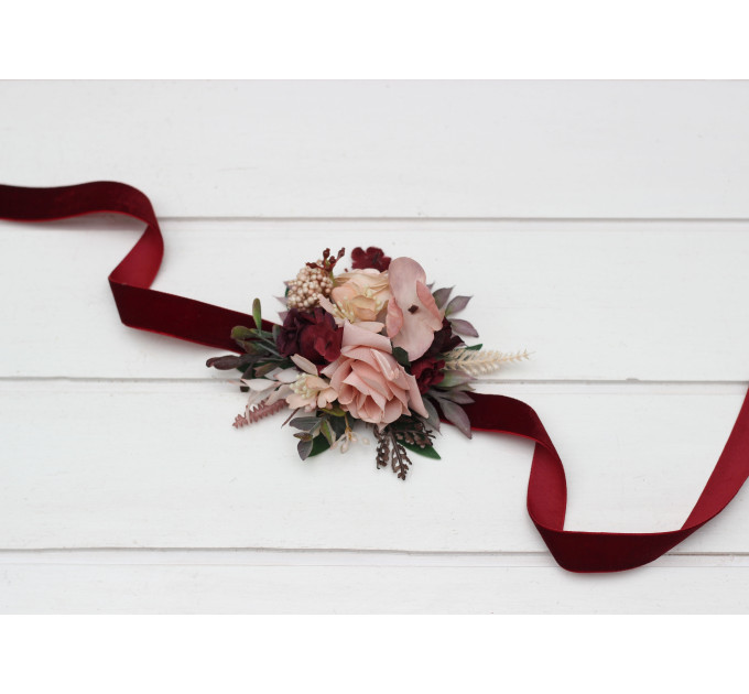 Burgundy & Blush Pink Wedding Boutonnieres & Wrist Corsages – Faux Floral Accessories