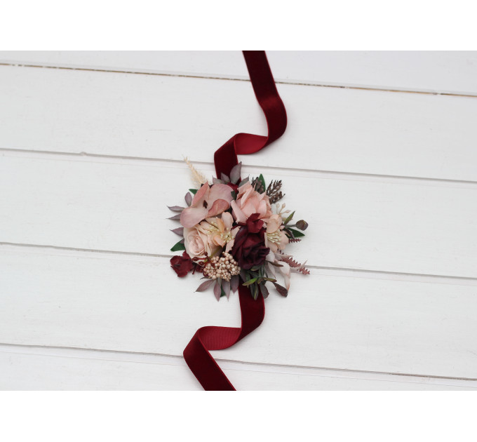 Burgundy & Blush Pink Wedding Boutonnieres & Wrist Corsages – Faux Floral Accessories