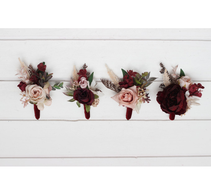 Burgundy & Blush Pink Wedding Boutonnieres & Wrist Corsages – Faux Floral Accessories