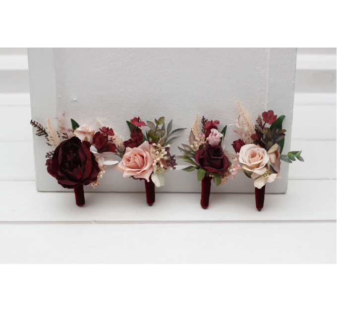 Burgundy & Blush Pink Wedding Boutonnieres & Wrist Corsages – Faux Floral Accessories