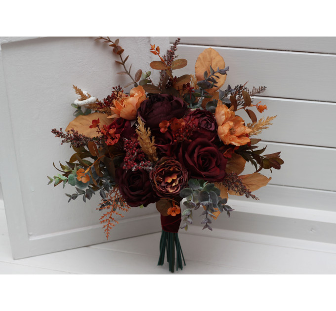 Wedding Bouquets in Burgundy, Deep Red & Burnt Orange – Faux Bridal Flowers