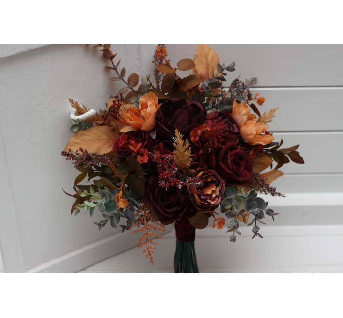 Wedding Bouquets in Burgundy, Deep Red & Burnt Orange – Faux Bridal Flowers