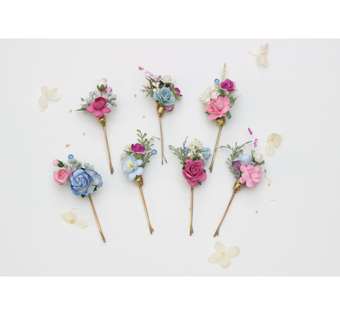 Set of 7 Colorful Flower Bobby Pins – Faux Wedding Hair Accessories in Dusty Blue, Magenta, Pink & White
