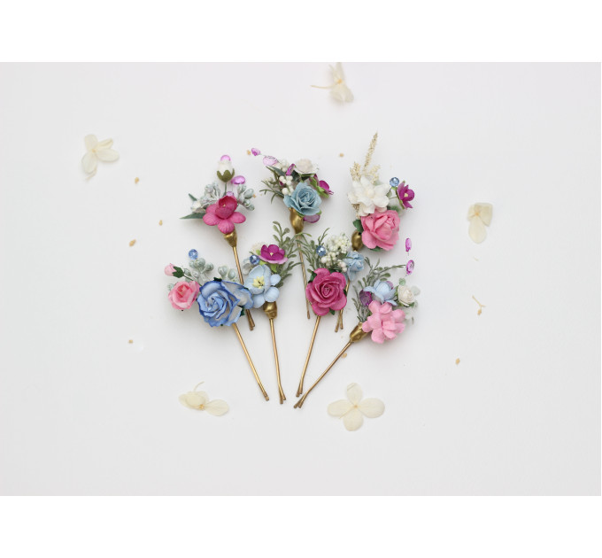 Set of 7 Colorful Flower Bobby Pins – Faux Wedding Hair Accessories in Dusty Blue, Magenta, Pink & White