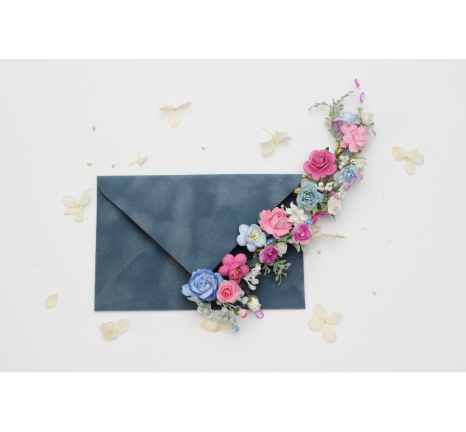 Set of 7 Colorful Flower Bobby Pins – Faux Wedding Hair Accessories in Dusty Blue, Magenta, Pink & White