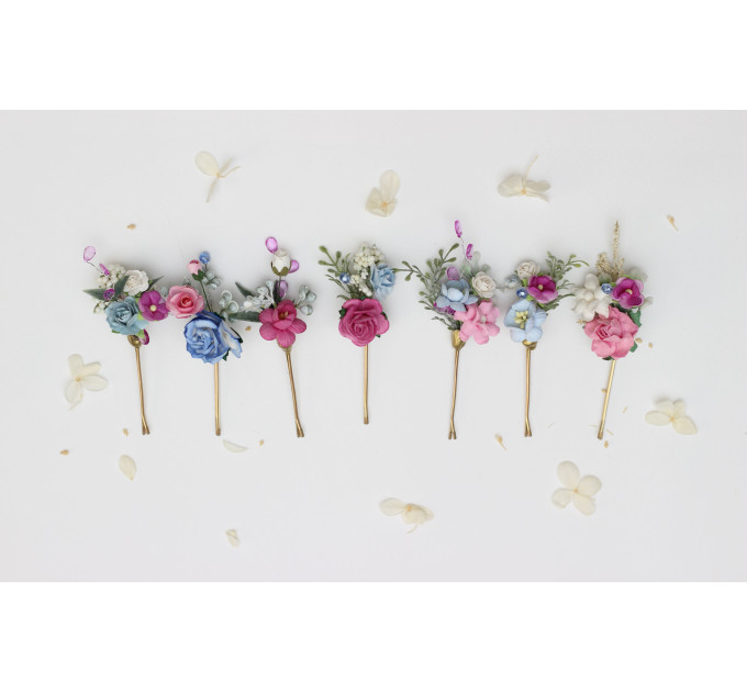Set of 7 Colorful Flower Bobby Pins – Faux Wedding Hair Accessories in Dusty Blue, Magenta, Pink & White