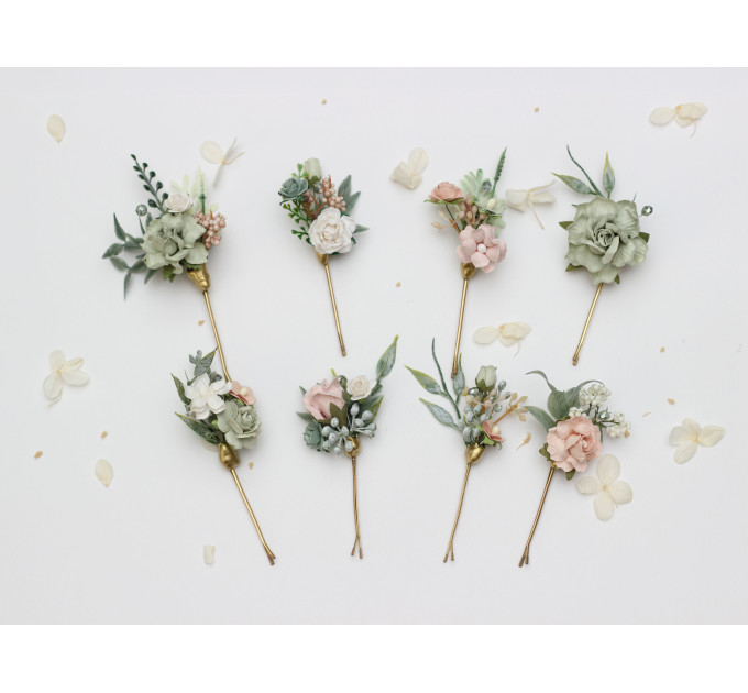 Set of 8 Sage Green & Blush Pink Flower Hair Pins – Faux Wedding Hair Accessories