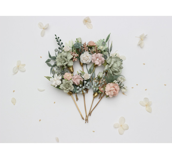 Set of 8 Sage Green & Blush Pink Flower Hair Pins – Faux Wedding Hair Accessories
