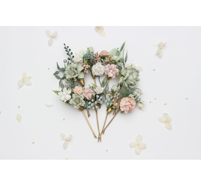 Set of 8 Sage Green & Blush Pink Flower Hair Pins – Faux Wedding Hair Accessories