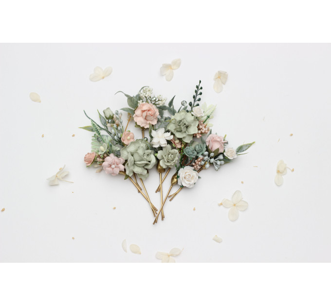 Set of 8 Sage Green & Blush Pink Flower Hair Pins – Faux Wedding Hair Accessories
