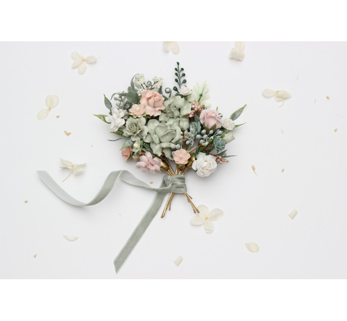 Set of 8 Sage Green & Blush Pink Flower Hair Pins – Faux Wedding Hair Accessories