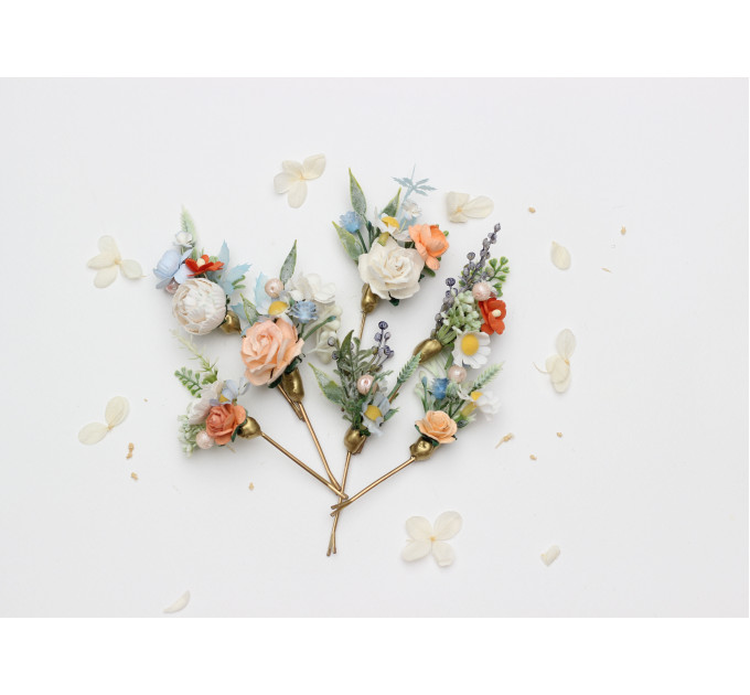 Set of 7 Peach, Dusty Blue & Ivory Wildflower Hair Pins – Faux Floral Wedding Accessories