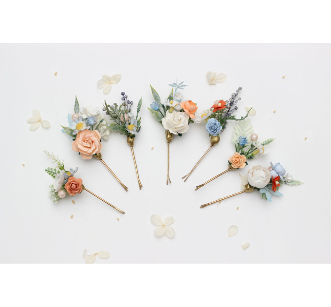 Set of 7 Peach, Dusty Blue & Ivory Wildflower Hair Pins – Faux Floral Wedding Accessories