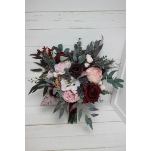 Wedding bouquets in burgundy dusty pink colors. Bridal bouquet. Cascading bouquet. Faux bouquet. Bridesmaid bouquet. 5019