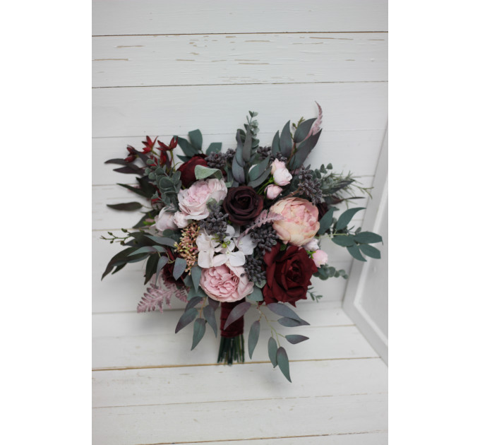Wedding Bouquets in Burgundy & Dusty Pink | Faux Cascading Bridal & Bridesmaid Bouquets