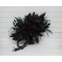 Gothic bouquet for alternative wedding. Purple black blue burgundy bridal and bridesmaid bouquet. Halloween wedding. Dark moody artificial flowers. 5429