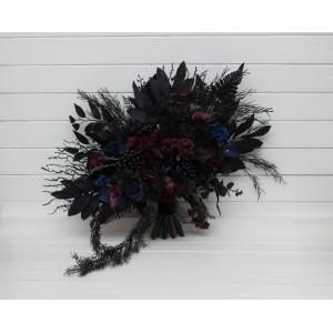 Gothic bouquet for alternative wedding. Purple black blue burgundy bridal and bridesmaid bouquet. Halloween wedding. Dark moody artificial flowers. 5429