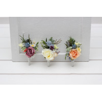  Pastel wildflower wedding boutonnieres. Flower accessories in dusty blue, peach, lilac and cream colors.  5428