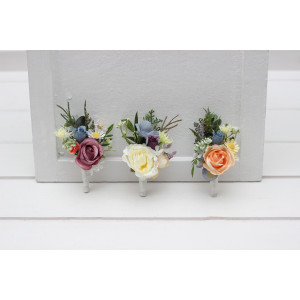 Pastel wildflower wedding boutonnieres. Flower accessories in dusty blue, peach, lilac and cream colors.  5428