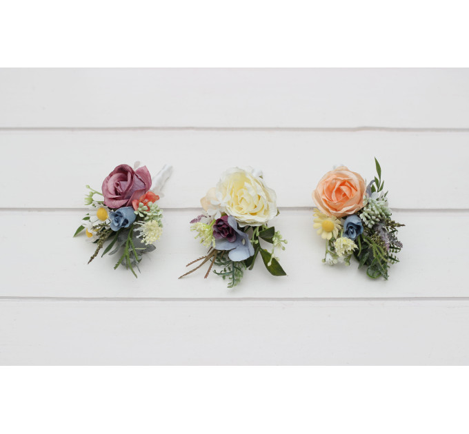 Pastel Wildflower Wedding Boutonnieres – Floral Accessories in Dusty Blue, Peach, Lilac & Cream