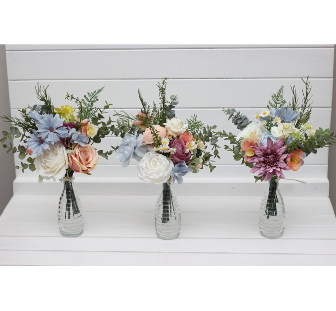 Simple Wedding Table Flowers – Wildflower Mini Bouquets in Dusty Blue, Peach, Lilac & Cream