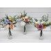 Simple Wedding Table Flowers – Wildflower Mini Bouquets in Dusty Blue, Peach, Lilac & Cream