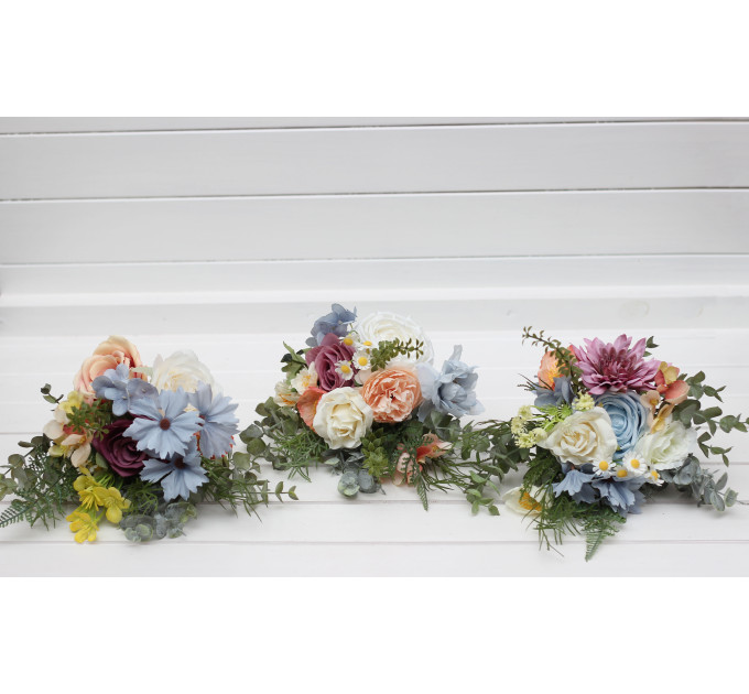 Simple Wedding Table Flowers – Wildflower Mini Bouquets in Dusty Blue, Peach, Lilac & Cream