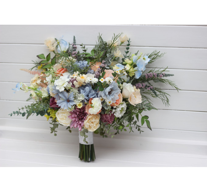 Pastel Wildflower Bridal Bouquet – Faux Wedding Flowers in Dusty Blue, Peach, Lilac & Cream