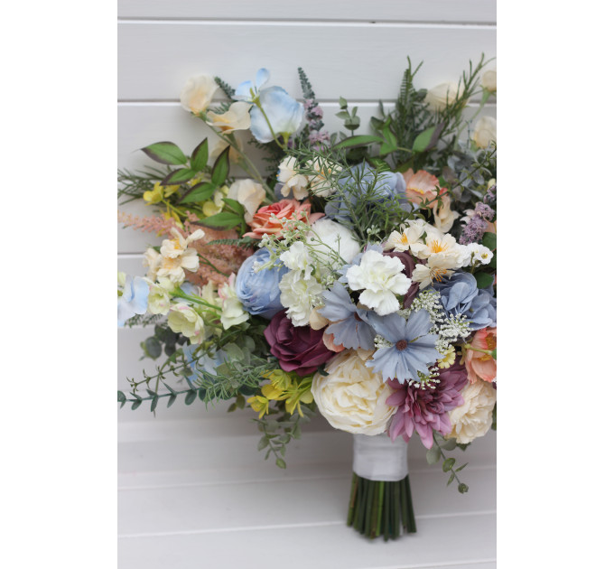 Pastel Wildflower Bridal Bouquet – Faux Wedding Flowers in Dusty Blue, Peach, Lilac & Cream