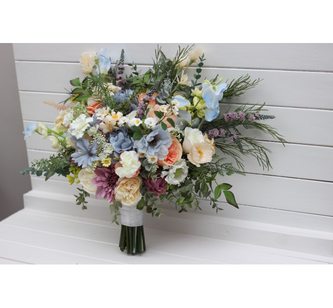 Pastel Wildflower Bridal Bouquet – Faux Wedding Flowers in Dusty Blue, Peach, Lilac & Cream