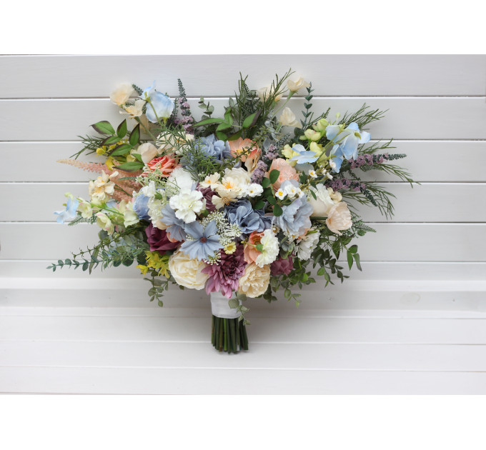 Pastel Wildflower Bridal Bouquet – Faux Wedding Flowers in Dusty Blue, Peach, Lilac & Cream