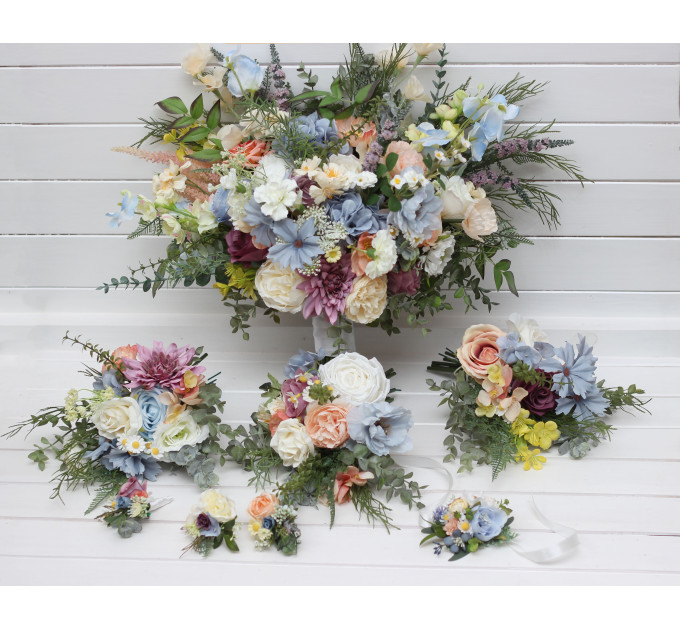 Simple Wedding Table Flowers – Wildflower Mini Bouquets in Dusty Blue, Peach, Lilac & Cream