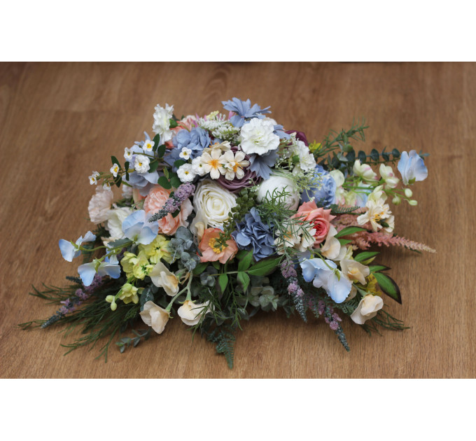 Pastel Wildflower Bridal Bouquet – Faux Wedding Flowers in Dusty Blue, Peach, Lilac & Cream
