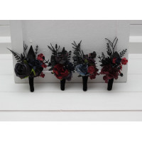  Wedding boutonnieres  in dark moody theme. Gothic flower accessories in purple black blue burgundy colors. 5429