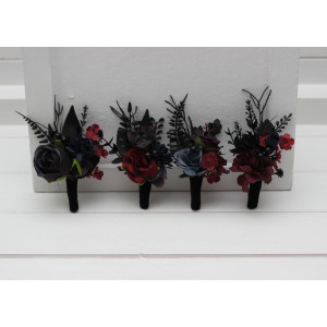  Wedding boutonnieres  in dark moody theme. Gothic flower accessories in purple black blue burgundy colors. 5429