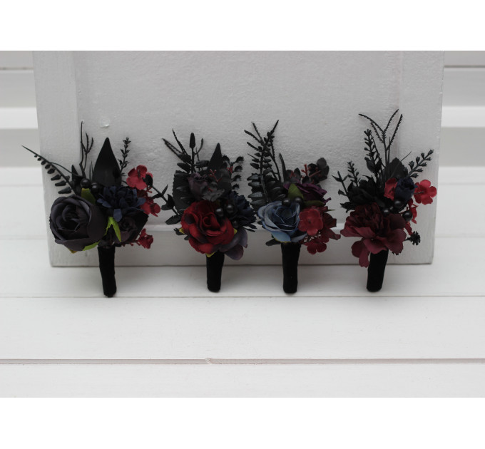 Dark Moody Wedding Boutonnieres – Gothic Floral Accessories in Purple, Black, Blue & Burgundy