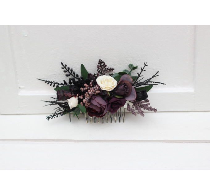 Deep Purple, Black, Ivory & Green Flower Comb – Faux Floral Wedding Hair Accessory