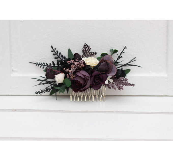 Deep Purple, Black, Ivory & Green Flower Comb – Faux Floral Wedding Hair Accessory