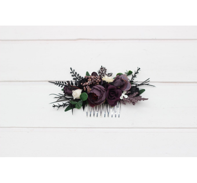 Deep Purple, Black, Ivory & Green Flower Comb – Faux Floral Wedding Hair Accessory