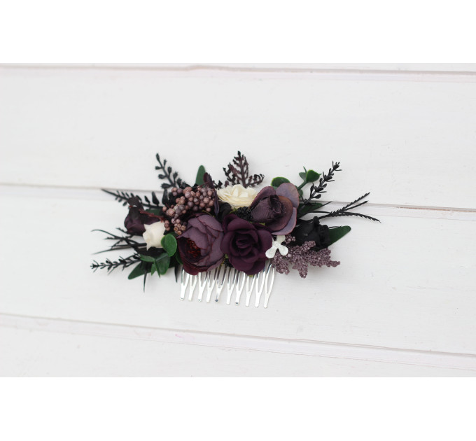 Deep Purple, Black, Ivory & Green Flower Comb – Faux Floral Wedding Hair Accessory