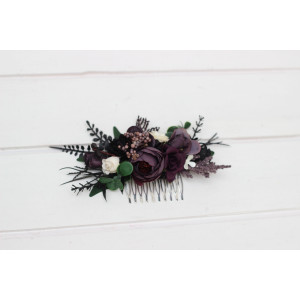 Flower comb in deep purple black ivory green color scheme. Wedding accessories for hair. Bridal headpiece. Bridesmaid floral comb. 5289
