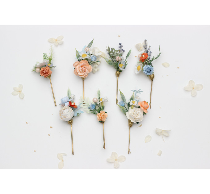 Set of 7 Peach, Dusty Blue & Ivory Wildflower Hair Pins – Faux Floral Wedding Accessories